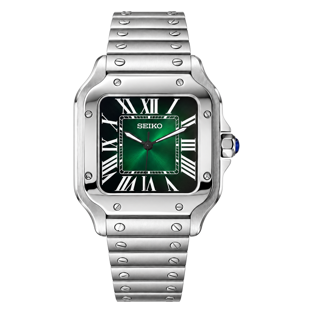 Santos (Emerald Green) Seiko NH35 automatic mod watch. A full watch shot showing a green dial and silver bezel with a metal bracelet.
