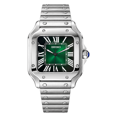 Santos (Emerald Green) Seiko NH35 automatic mod watch. A full watch shot showing a green dial and silver bezel with a metal bracelet.
