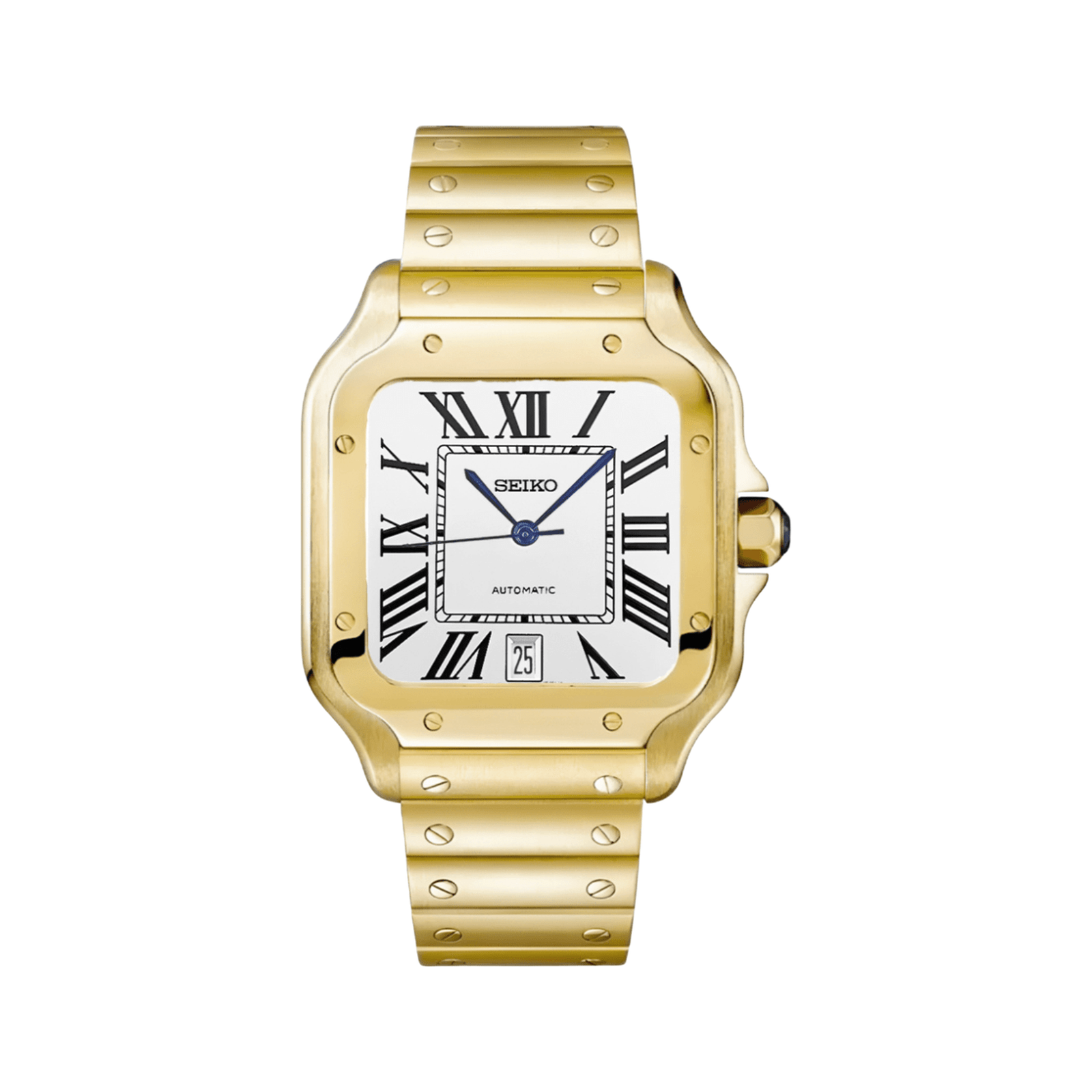 Santos (Full Gold) Seiko NH35 automatic mod watch. A white dial watch with a smooth bezel and a steel bracelet, shown in a full product shot.