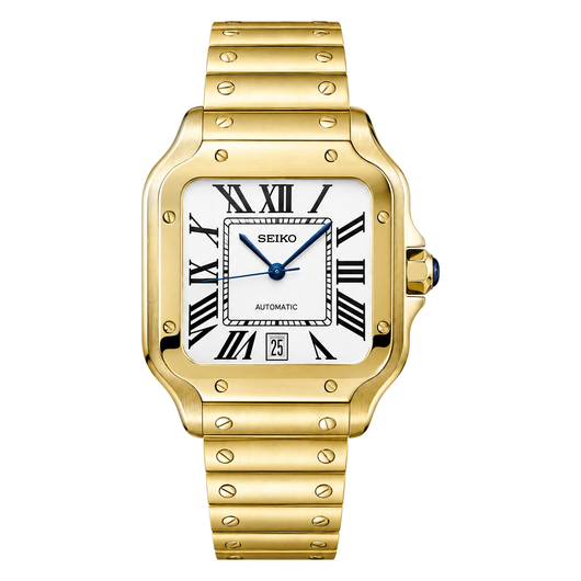 Santos (Full Gold) Seiko NH35 automatic mod watch. A white dial watch with a smooth bezel and a steel bracelet, shown in a full product shot.