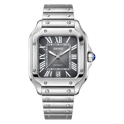 Santos (Graphite) Seiko NH35 automatic mod watch. A high angle full watch shot showing a grey dial with a black bezel and a metal link bracelet.