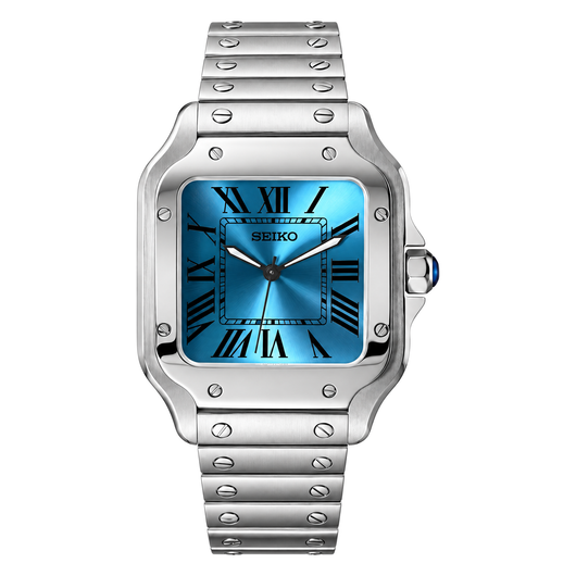 Santos (Ice Blue) Seiko NH35 automatic mod watch. A ice blue dial watch with a smooth bezel and a steel bracelet, shown in a full product shot.
