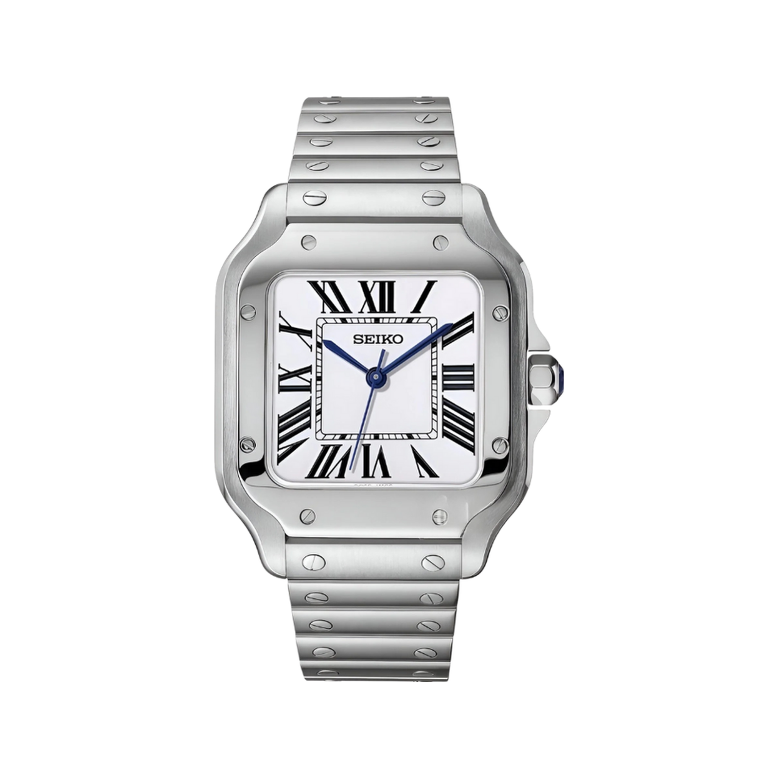 Santos (White) Seiko NH35 automatic mod watch. A white dial watch with a silver bezel and metal link bracelet shown in a full watch shot.