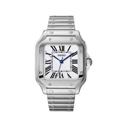 Santos (White) Seiko NH35 automatic mod watch. A white dial watch with a silver bezel and metal link bracelet shown in a full watch shot.