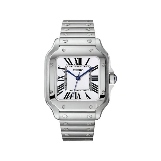 Santos (White) Seiko NH35 automatic mod watch. A white dial watch with a silver bezel and metal link bracelet shown in a full watch shot.