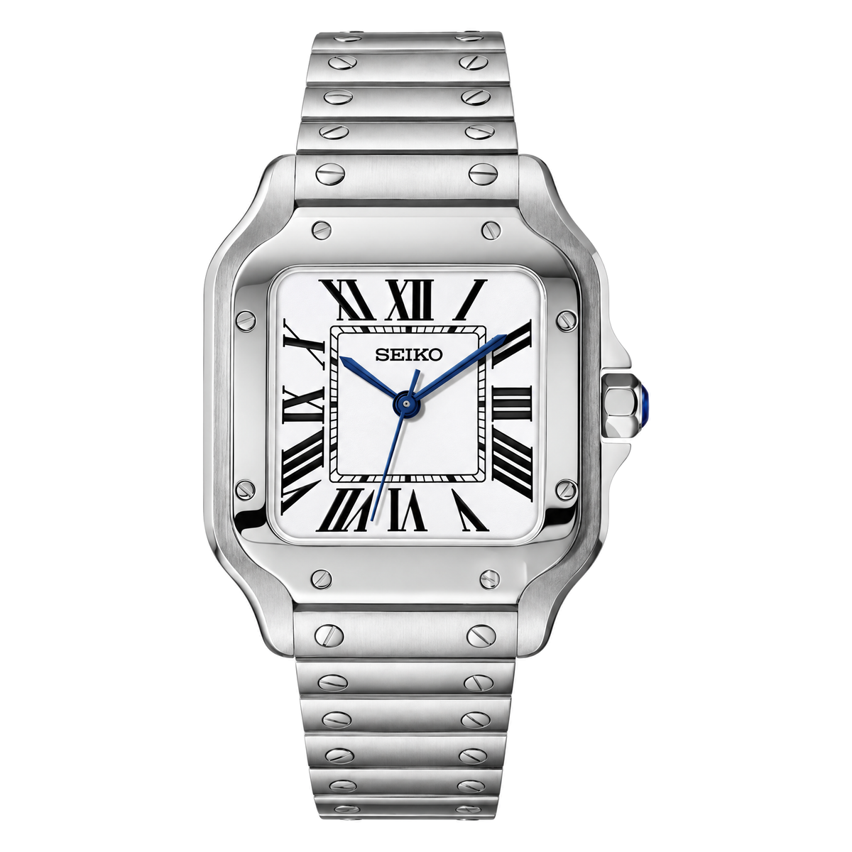 Santos (White) Seiko NH35 automatic mod watch. A white dial watch with a silver bezel and metal link bracelet shown in a full watch shot.