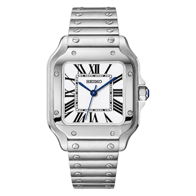 Santos (White) Seiko NH35 automatic mod watch. A white dial watch with a silver bezel and metal link bracelet shown in a full watch shot.