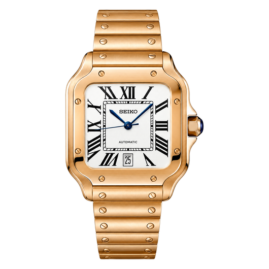 Santos (Rose Gold) Seiko NH35 automatic mod watch. A white dial watch with a smooth bezel and a steel bracelet, shown in a full product shot.