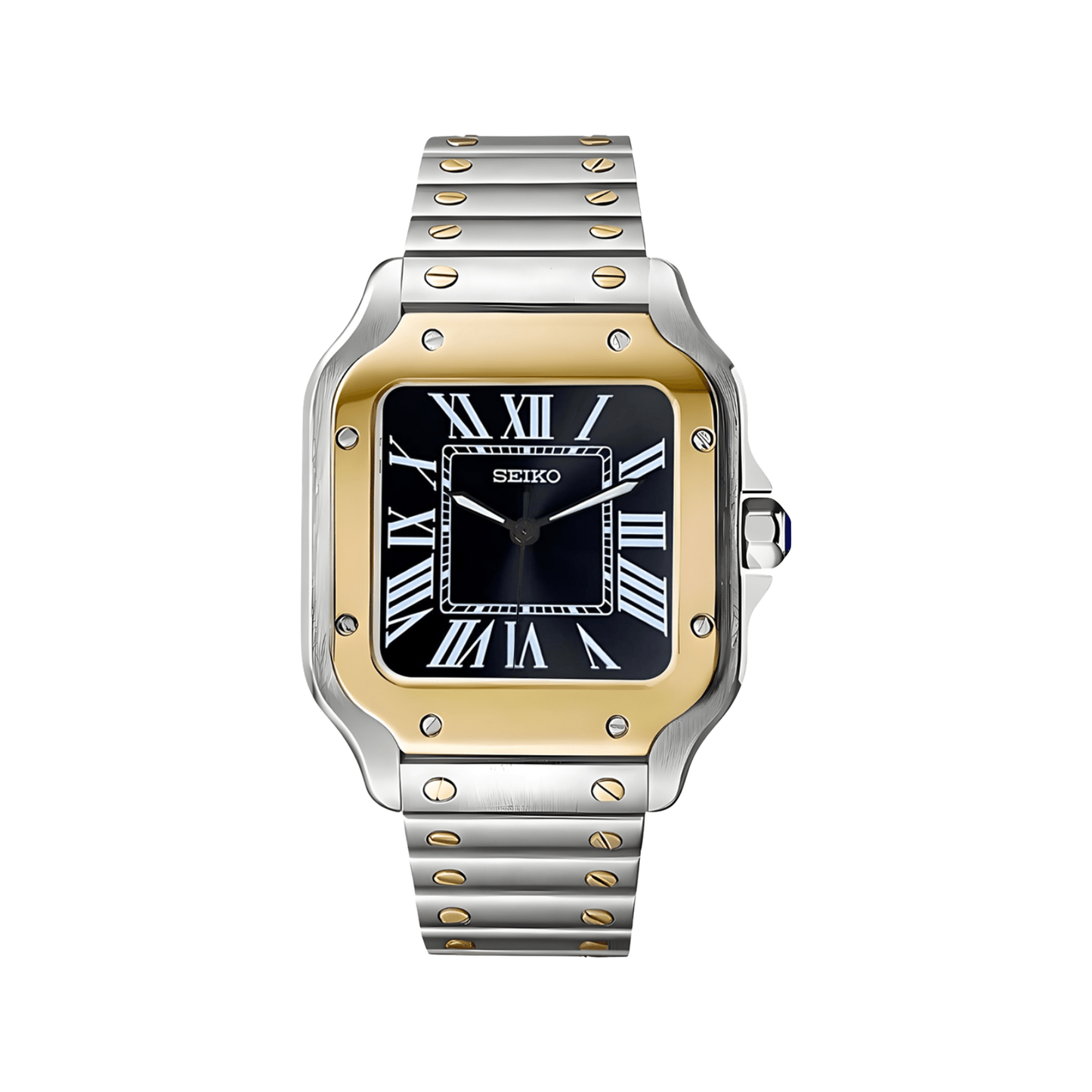 Santos (Two-Tone Black) Seiko NH35 automatic mod watch. A black dial watch with a smooth bezel and a steel bracelet, shown in a full product shot.