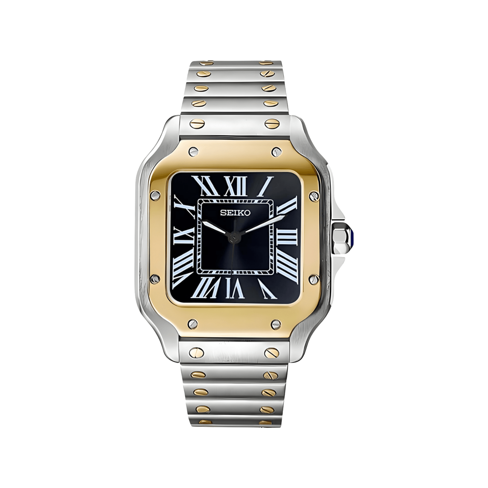Santos (Two-Tone Black) Seiko NH35 automatic mod watch. A black dial watch with a smooth bezel and a steel bracelet, shown in a full product shot.