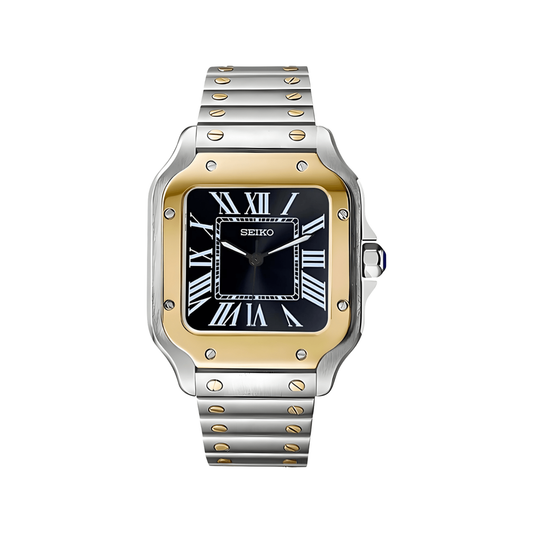 Santos (Two-Tone Black) Seiko NH35 automatic mod watch. A black dial watch with a smooth bezel and a steel bracelet, shown in a full product shot.