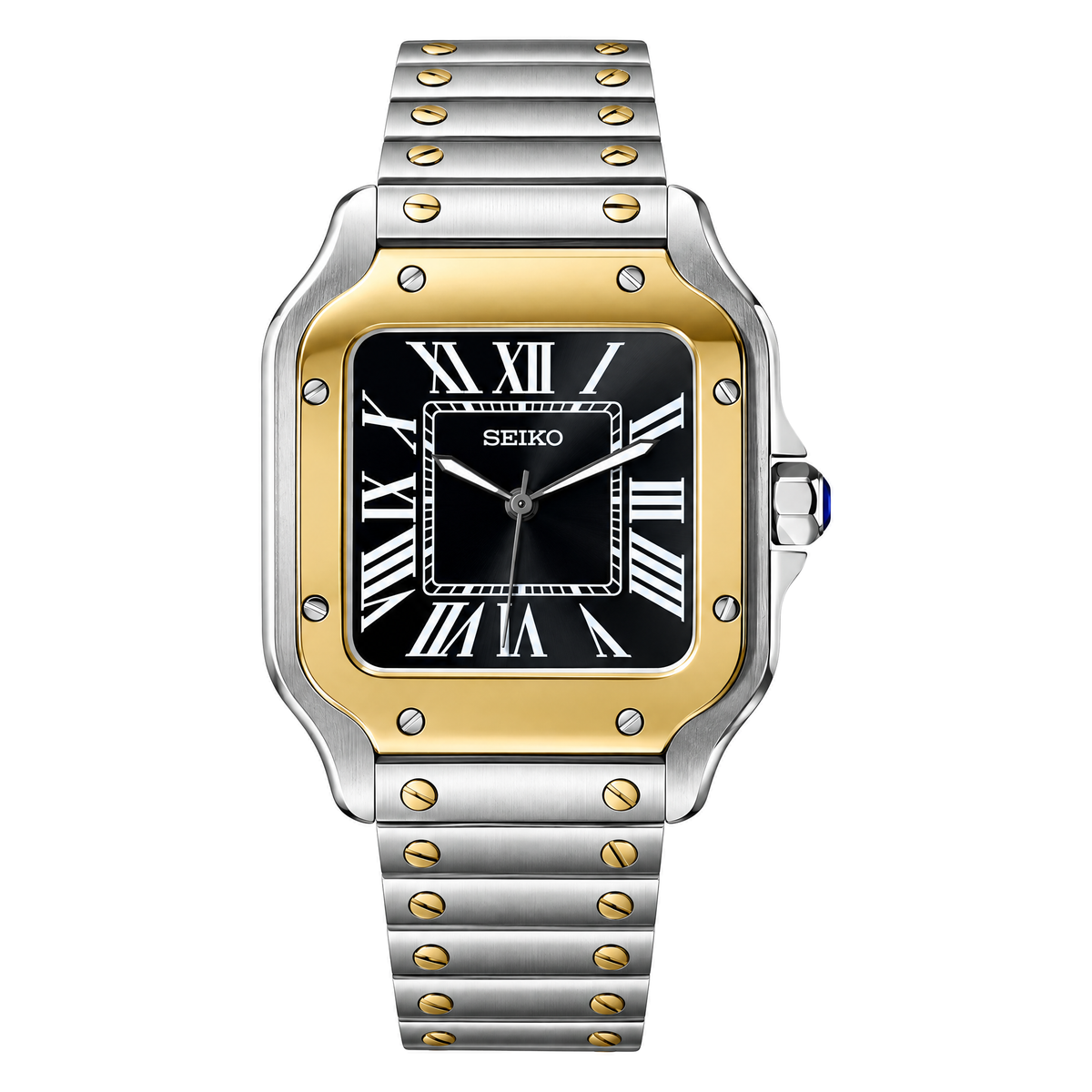 Santos (Two-Tone Black) Seiko NH35 automatic mod watch. A black dial watch with a smooth bezel and a steel bracelet, shown in a full product shot.