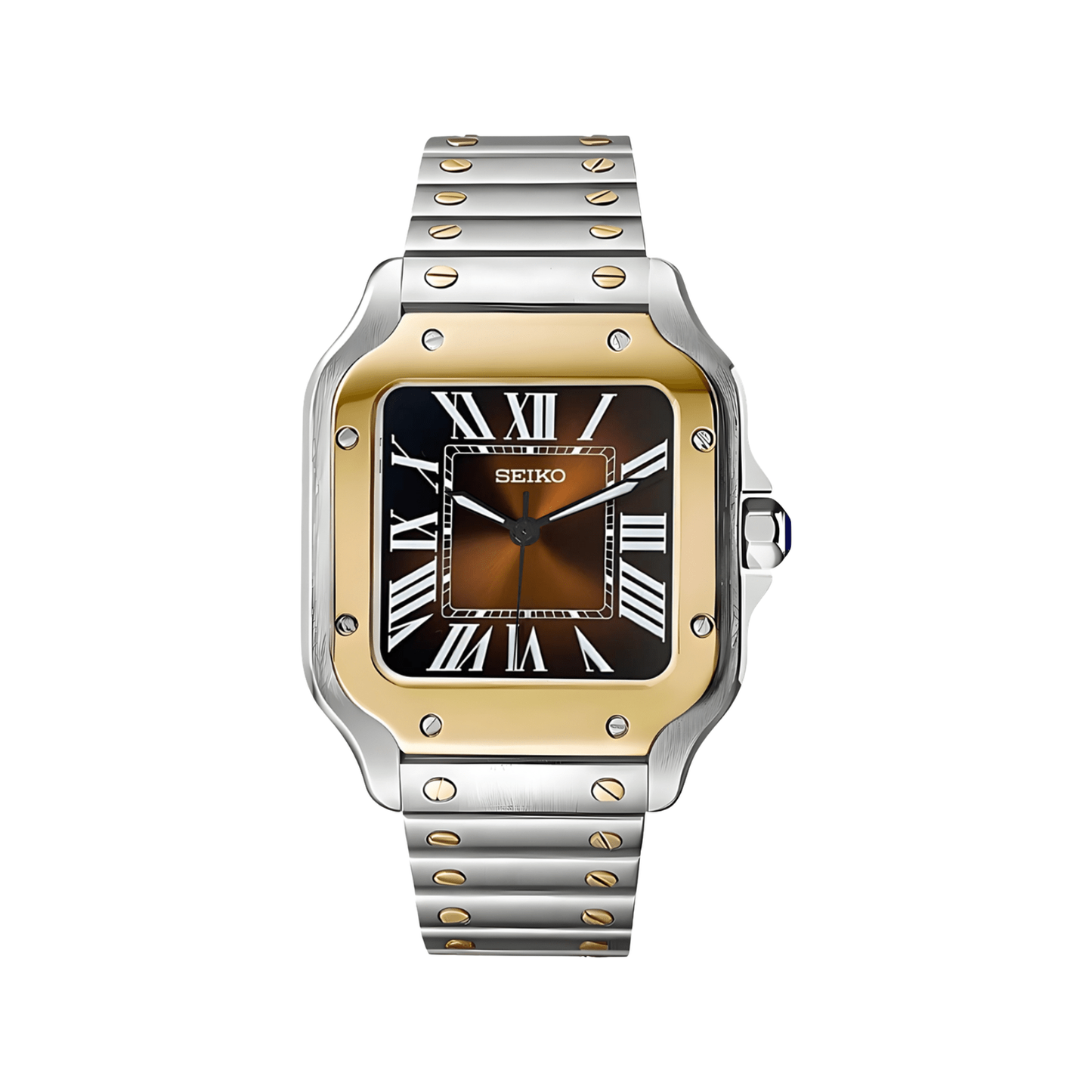 Santos (Two-Tone Brown) Seiko NH35 automatic mod watch. A brown dial watch with a smooth bezel and a steel bracelet, shown in a full product shot.