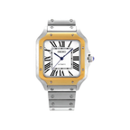 Santos (Two-Tone Gold) Seiko NH35 automatic mod watch. A white dial watch with a gold bezel and a silver and gold metal link bracelet shown in a full watch shot.