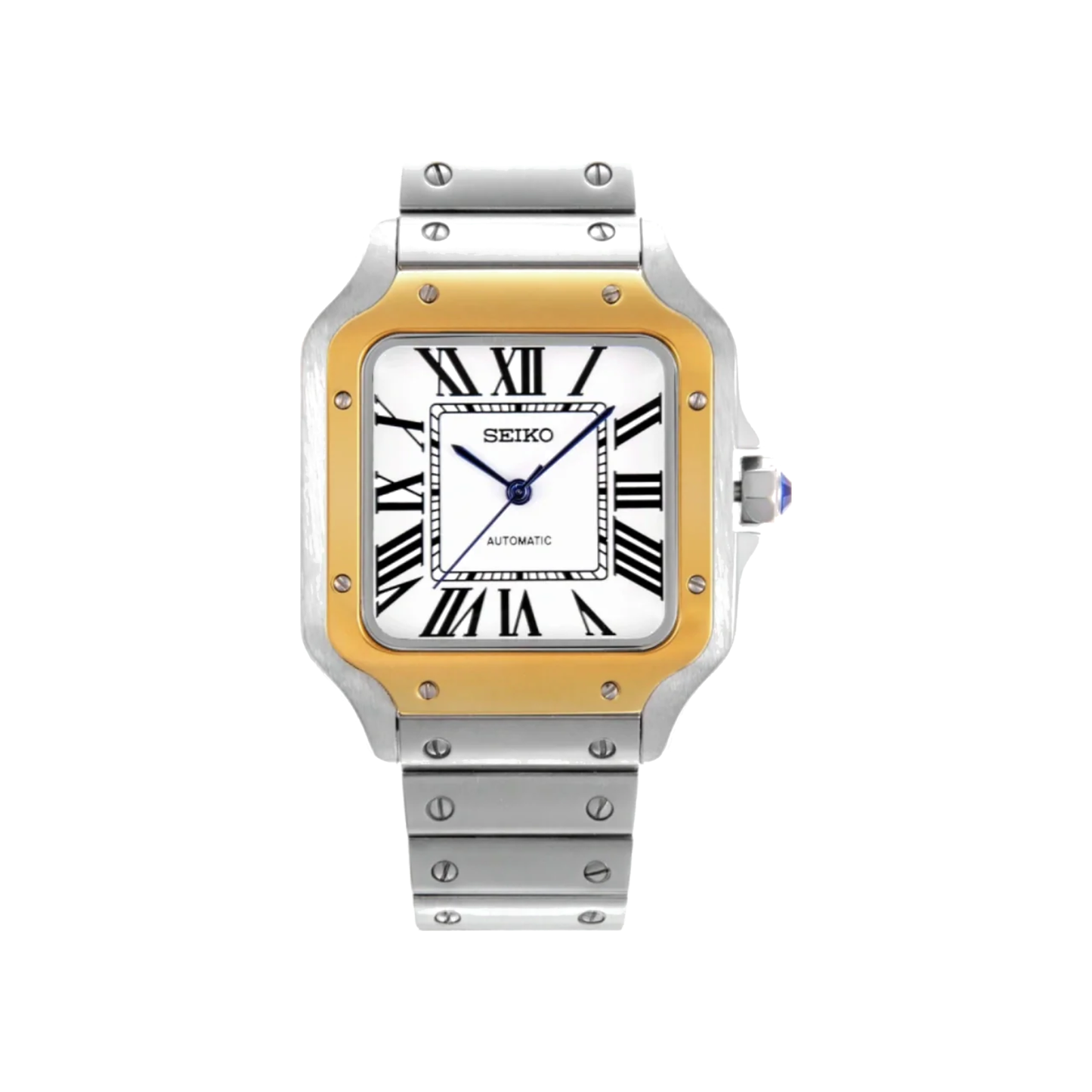 Santos (Two-Tone Gold) Seiko NH35 automatic mod watch. A white dial watch with a gold bezel and a silver and gold metal link bracelet shown in a full watch shot.