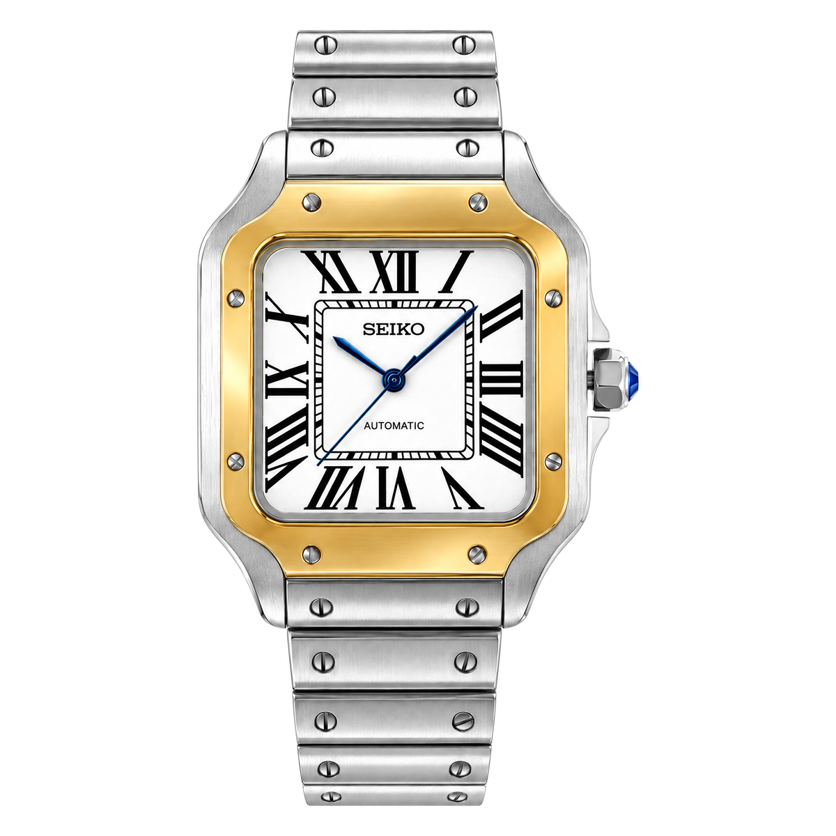 Santos (Two-Tone Gold) Seiko NH35 automatic mod watch. A white dial watch with a gold bezel and a silver and gold metal link bracelet shown in a full watch shot.