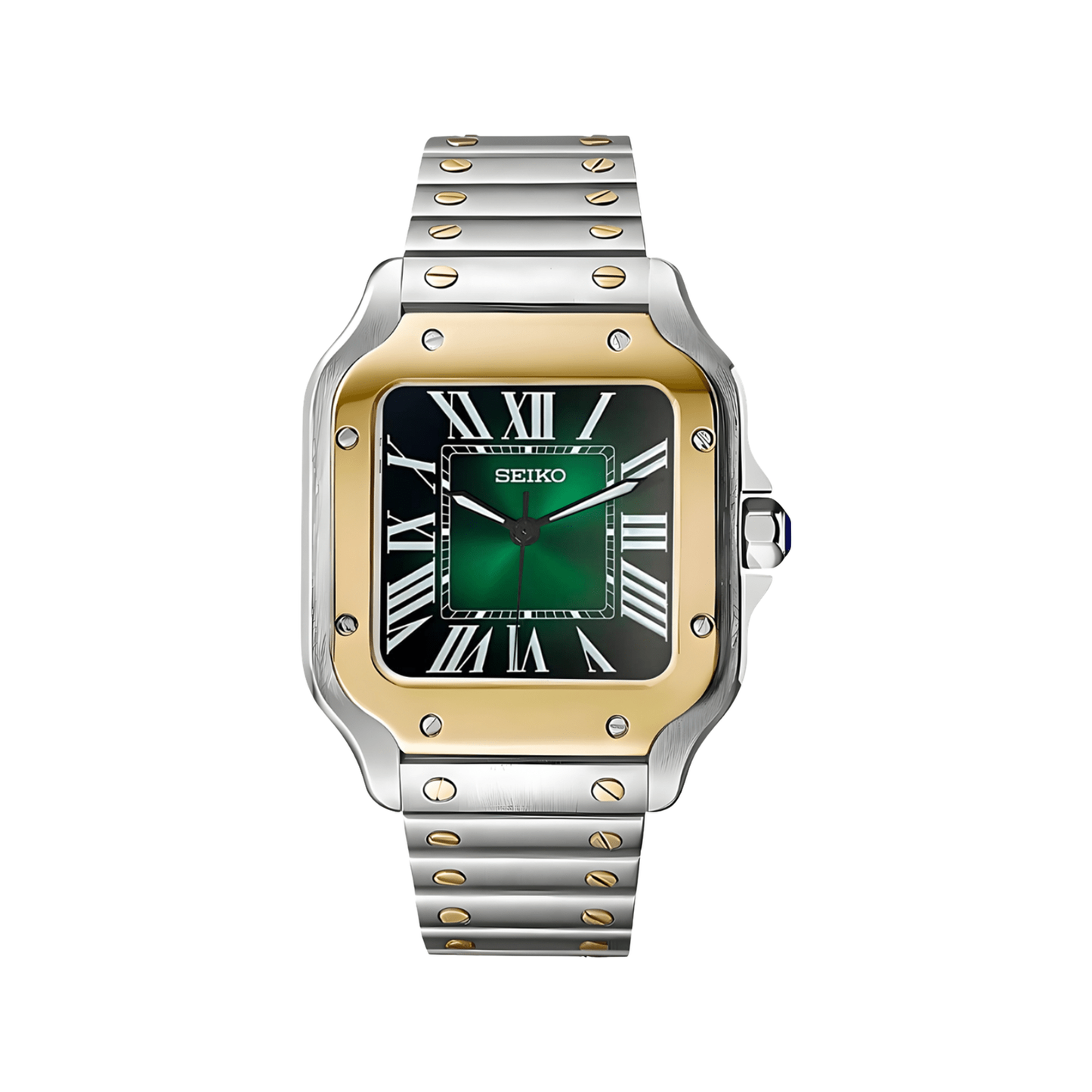Santos (Two-Tone Green) Seiko NH35 automatic mod watch. A green dial watch with a smooth bezel and a steel bracelet, shown in a full product shot.