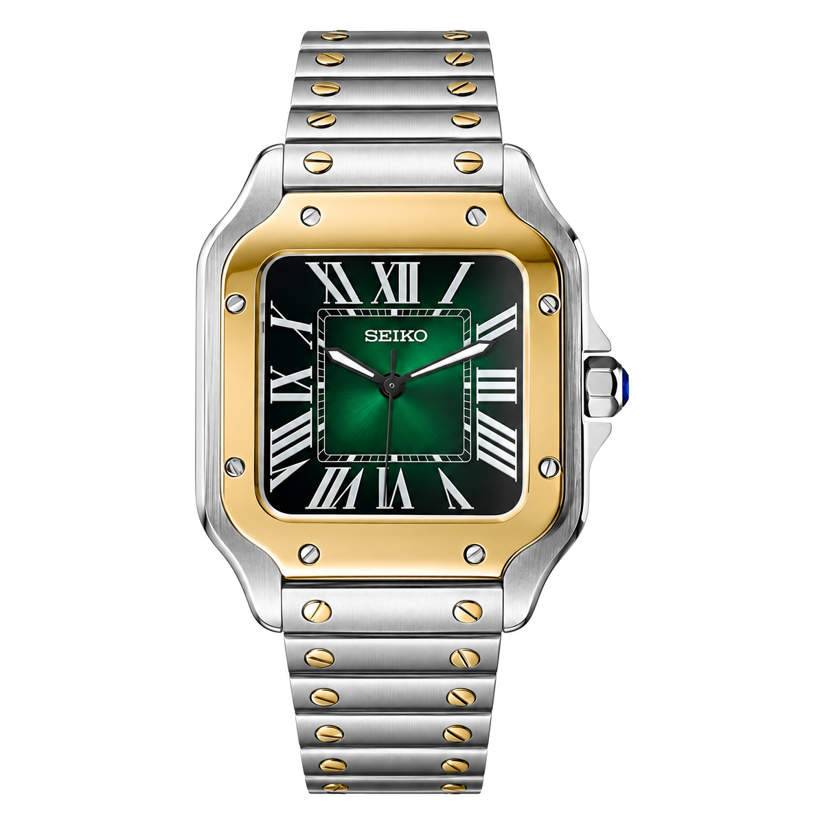 Santos (Two-Tone Green) Seiko NH35 automatic mod watch. A green dial watch with a smooth bezel and a steel bracelet, shown in a full product shot.