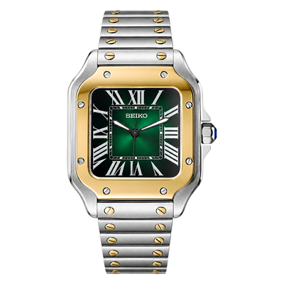 Santos (Two-Tone Green) Seiko NH35 automatic mod watch. A green dial watch with a smooth bezel and a steel bracelet, shown in a full product shot.