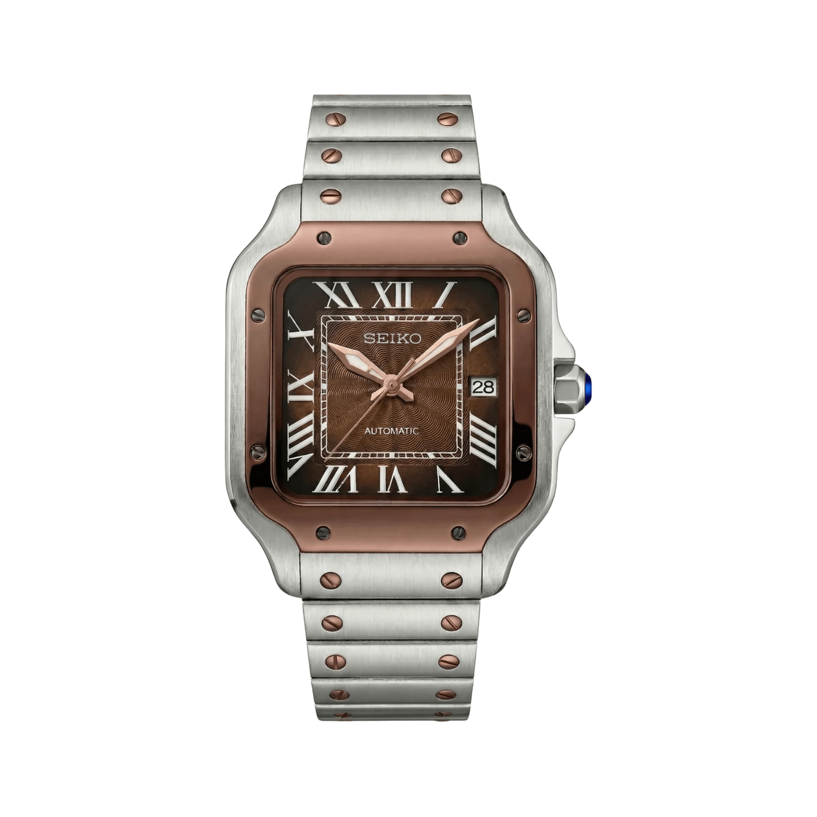 Santos (Two-Tone Mocha) Seiko NH35 automatic mod watch. A chocolate dial watch with a smooth bezel and a steel bracelet, shown in a full product shot.