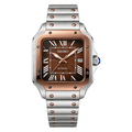 Santos (Two-Tone Mocha) Seiko NH35 automatic mod watch. A chocolate dial watch with a smooth bezel and a steel bracelet, shown in a full product shot.