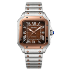 Santos (Two-Tone Mocha) Seiko NH35 automatic mod watch. A chocolate dial watch with a smooth bezel and a steel bracelet, shown in a full product shot.