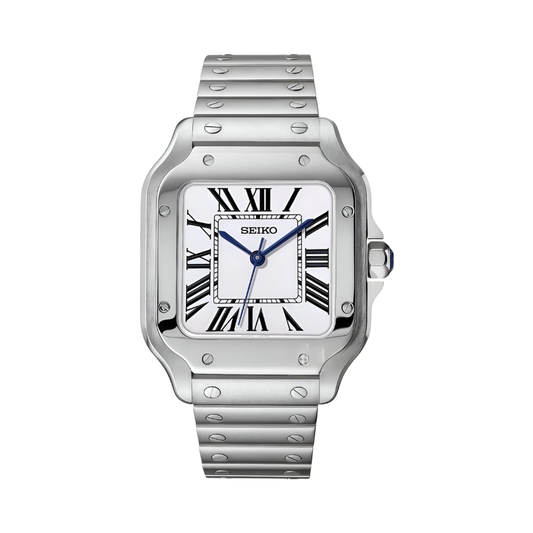 Santos (White) Seiko NH35 automatic mod watch. A white dial watch with a silver bezel and metal link bracelet shown in a full watch shot.