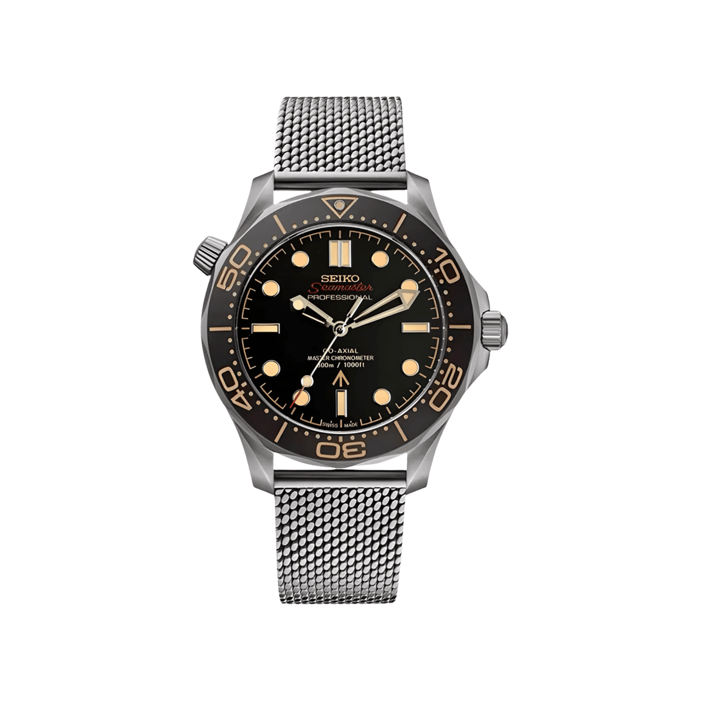 Seamaster (Midnight Black) Seiko NH35 automatic mod watch. A black dial watch with a rotating dive bezel and a mesh bracelet, shown in a full product shot.