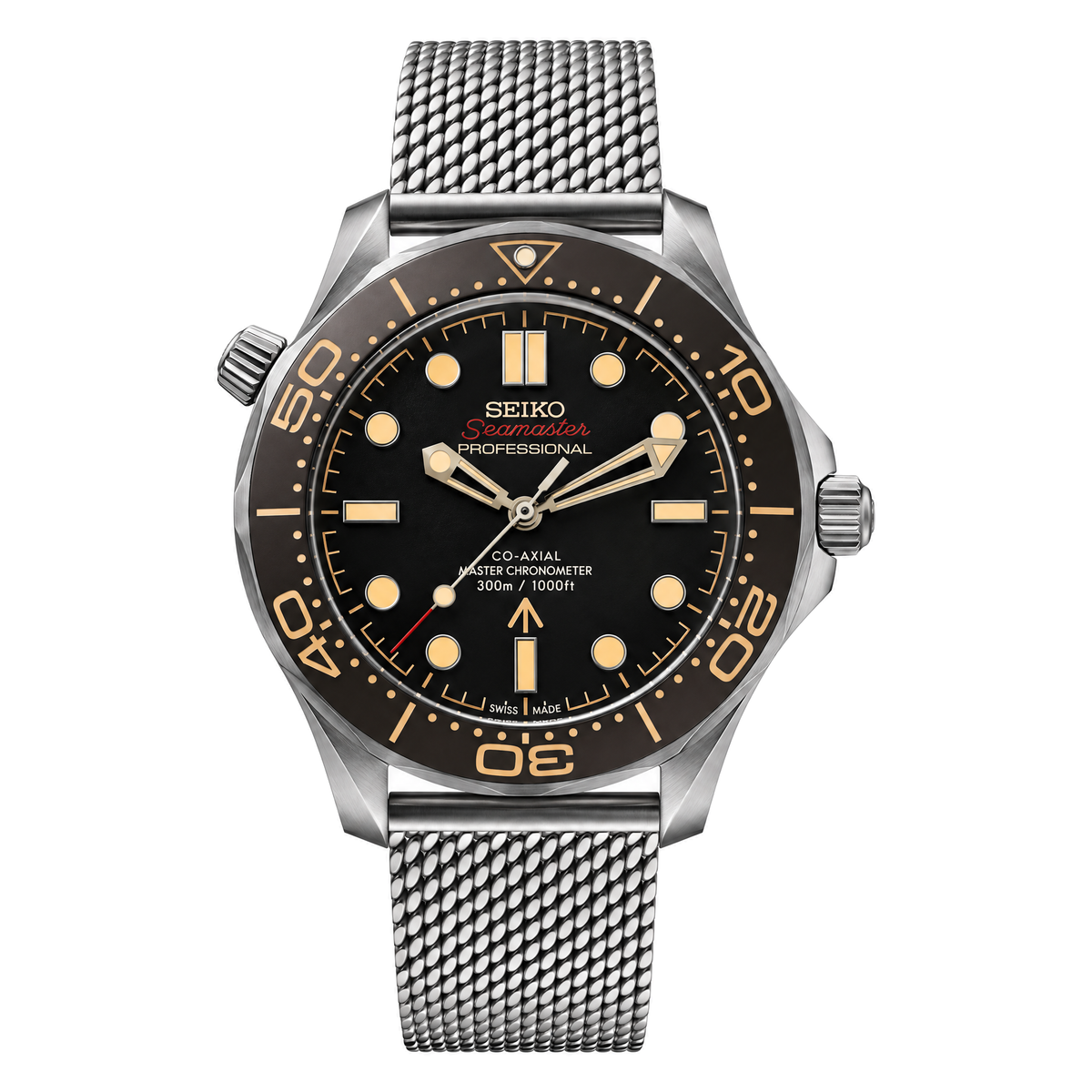 Seamaster (Midnight Black) Seiko NH35 automatic mod watch. A black dial watch with a rotating dive bezel and a mesh bracelet, shown in a full product shot.