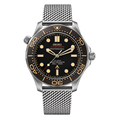 Seamaster (Midnight Black) Seiko NH35 automatic mod watch. A black dial watch with a rotating dive bezel and a mesh bracelet, shown in a full product shot.