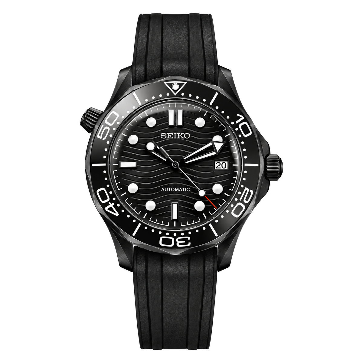 Seamaster (Black Silicone) Seiko NH35 automatic mod watch. A black dial watch with a rotating dive bezel and a rubber strap, shown in a full product shot.