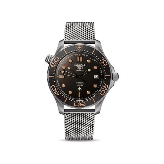 Seamaster (Black) Seiko NH35 automatic mod watch. A black dial watch with a rotating dive bezel and a mesh bracelet, shown in a full product shot.