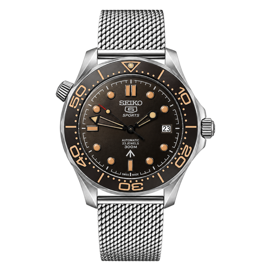 Seamaster (Black) Seiko NH35 automatic mod watch. A black dial watch with a rotating dive bezel and a mesh bracelet, shown in a full product shot.