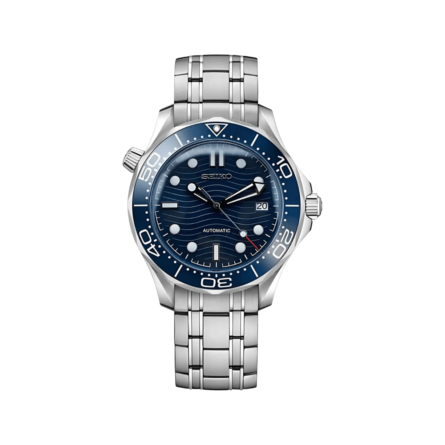 Seamaster (Blue) Seiko NH35 automatic mod watch. A blue dial watch with a rotating dive bezel and a steel bracelet, shown in a full product shot.