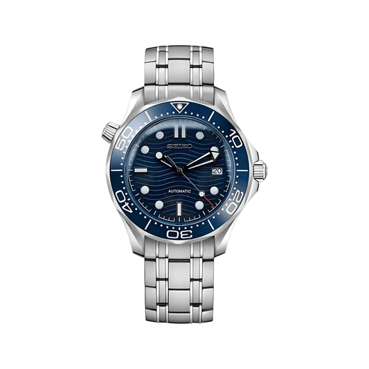 Seamaster (Blue) Seiko NH35 automatic mod watch. A blue dial watch with a rotating dive bezel and a steel bracelet, shown in a full product shot.