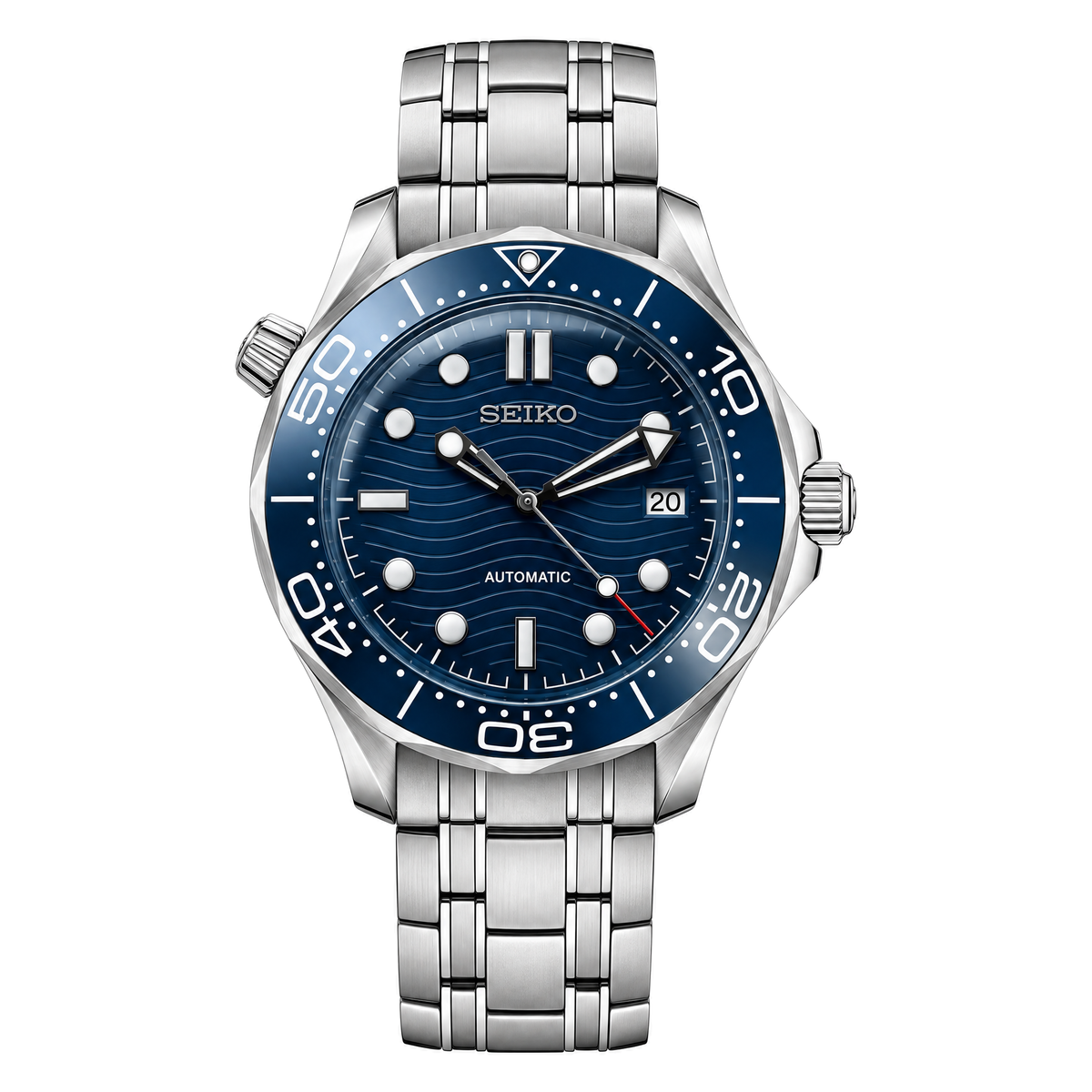 Seamaster (Blue) Seiko NH35 automatic mod watch. A blue dial watch with a rotating dive bezel and a steel bracelet, shown in a full product shot.