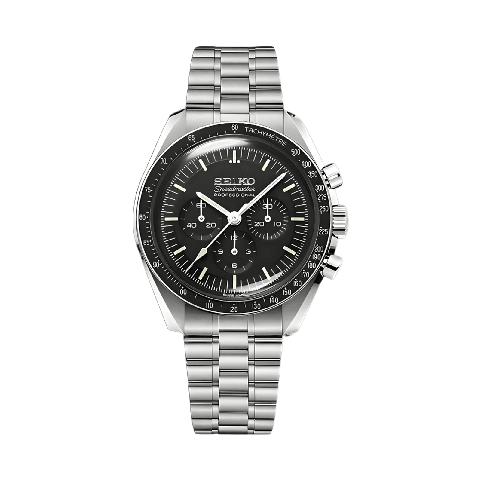 Speedmaster (Black) Seiko VK63 meca-quartz chronograph mod watch. A black dial watch with a tachymeter bezel and a steel bracelet, shown in a full product shot.