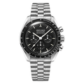 Speedmaster (Black) Seiko VK63 meca-quartz chronograph mod watch. A black dial watch with a tachymeter bezel and a steel bracelet, shown in a full product shot.