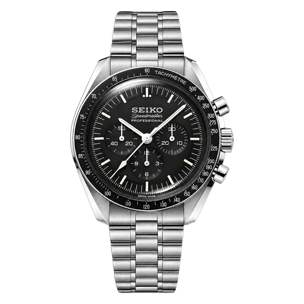 Speedmaster (Black) Seiko VK63 meca-quartz chronograph mod watch. A black dial watch with a tachymeter bezel and a steel bracelet, shown in a full product shot.