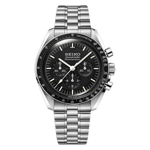 Speedmaster (Black) Seiko VK63 meca-quartz chronograph mod watch. A black dial watch with a tachymeter bezel and a steel bracelet, shown in a full product shot.