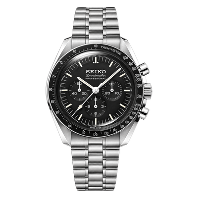 Speedmaster (Black) Seiko VK63 meca-quartz chronograph mod watch. A black dial watch with a tachymeter bezel and a steel bracelet, shown in a full product shot.
