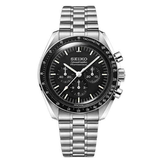 Speedmaster (Black) Seiko VK63 meca-quartz chronograph mod watch. A black dial watch with a tachymeter bezel and a steel bracelet, shown in a full product shot.