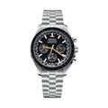 Speedmaster (Midnight) Seiko VK63 meca-quartz chronograph mod watch. A black dial watch with a tachymeter bezel and a steel bracelet, shown in a full product shot.