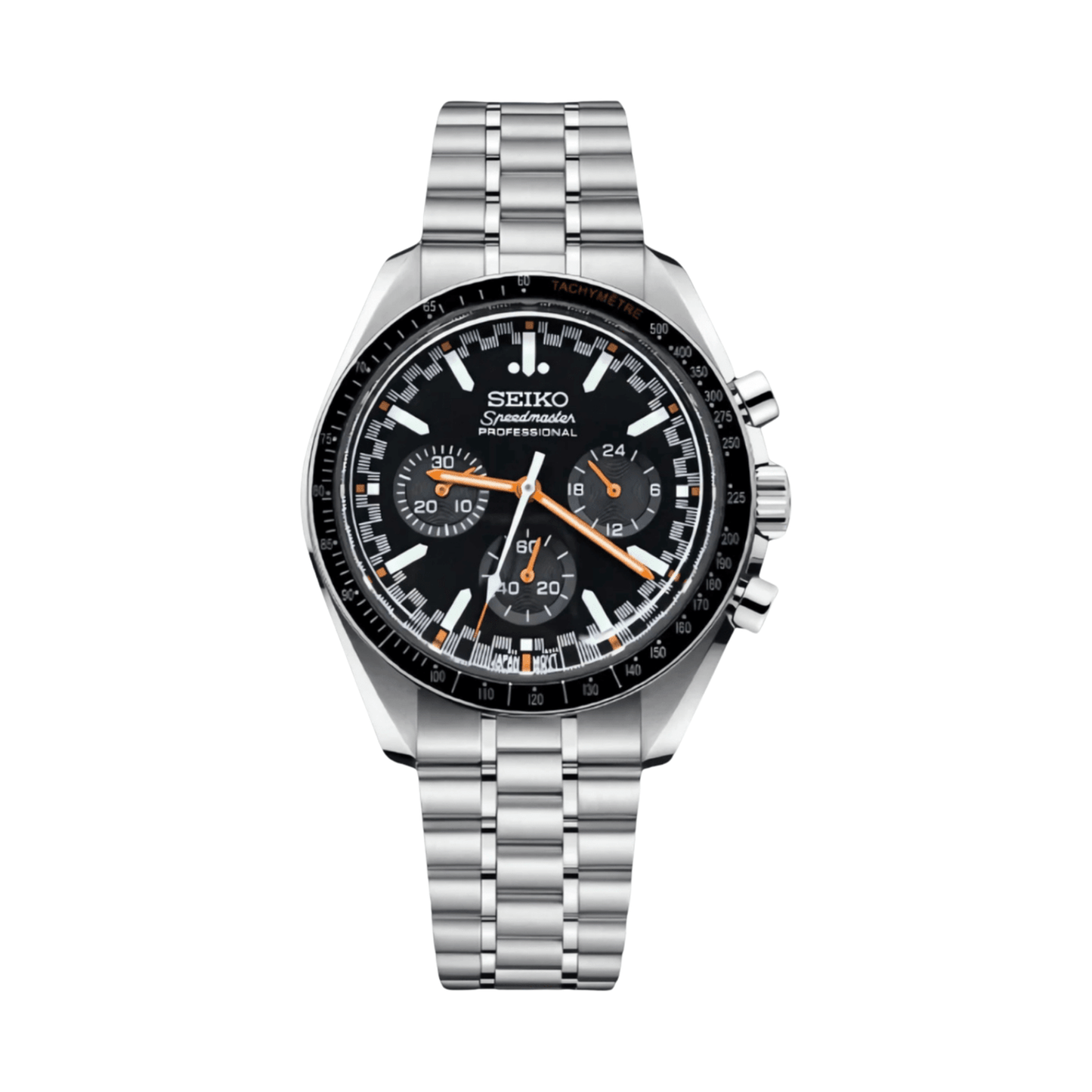Speedmaster (Midnight) Seiko VK63 meca-quartz chronograph mod watch. A black dial watch with a tachymeter bezel and a steel bracelet, shown in a full product shot.