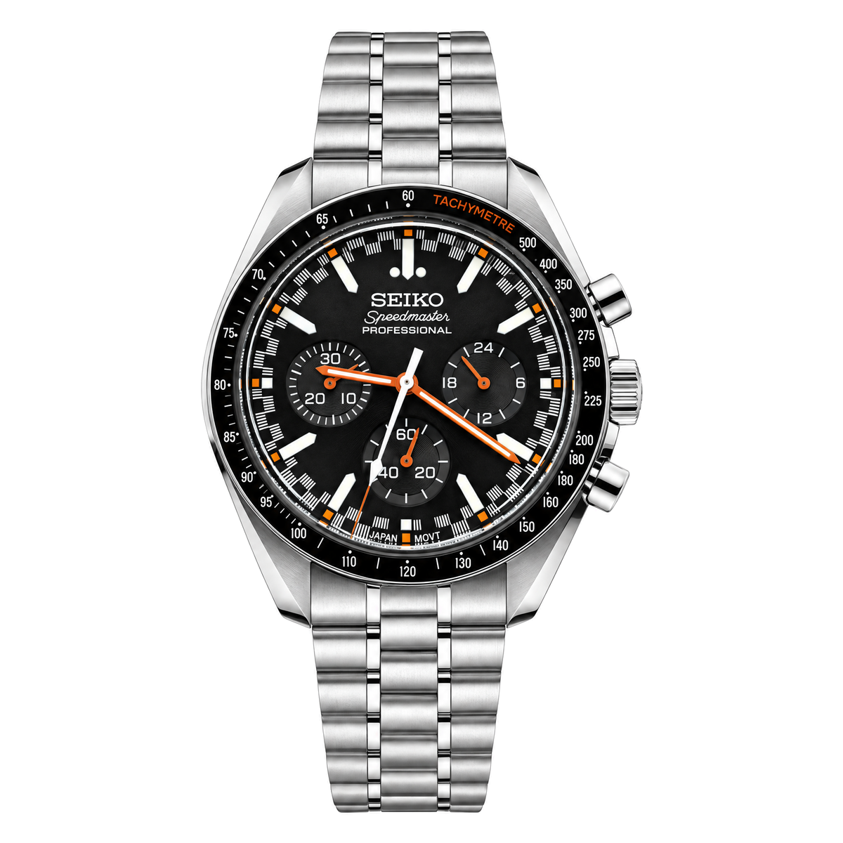 Speedmaster (Midnight) Seiko VK63 meca-quartz chronograph mod watch. A black dial watch with a tachymeter bezel and a steel bracelet, shown in a full product shot.
