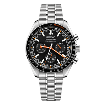 Speedmaster (Midnight) Seiko VK63 meca-quartz chronograph mod watch. A black dial watch with a tachymeter bezel and a steel bracelet, shown in a full product shot.