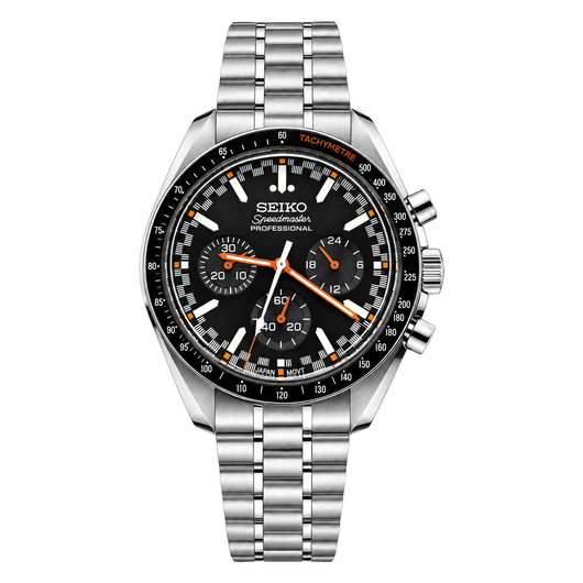 Speedmaster (Midnight) Seiko VK63 meca-quartz chronograph mod watch. A black dial watch with a tachymeter bezel and a steel bracelet, shown in a full product shot.