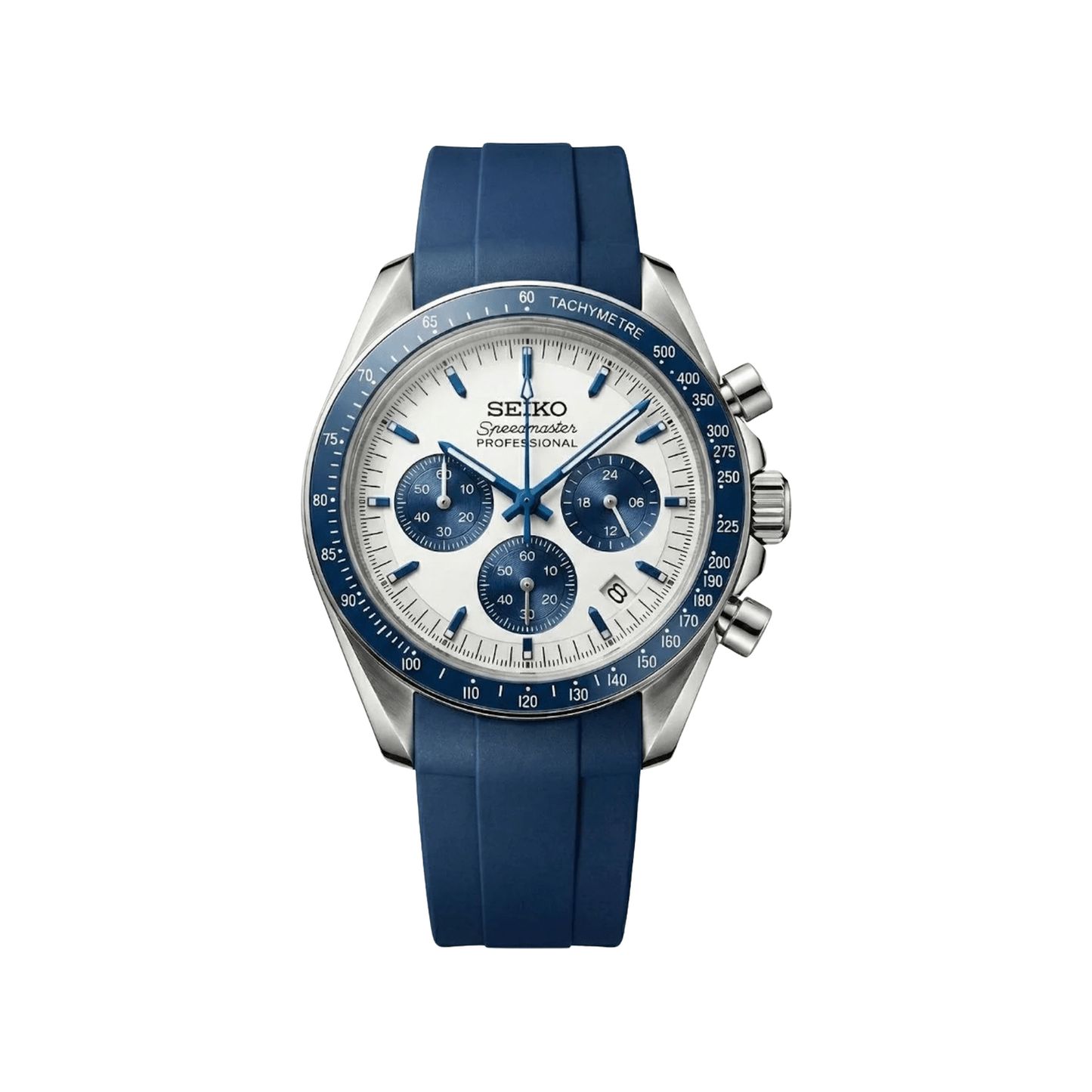 Speedmaster (Blue Panda) Seiko VK63 meca-quartz chronograph mod watch. A white dial watch with a tachymeter bezel and a rubber strap, shown in a full product shot.