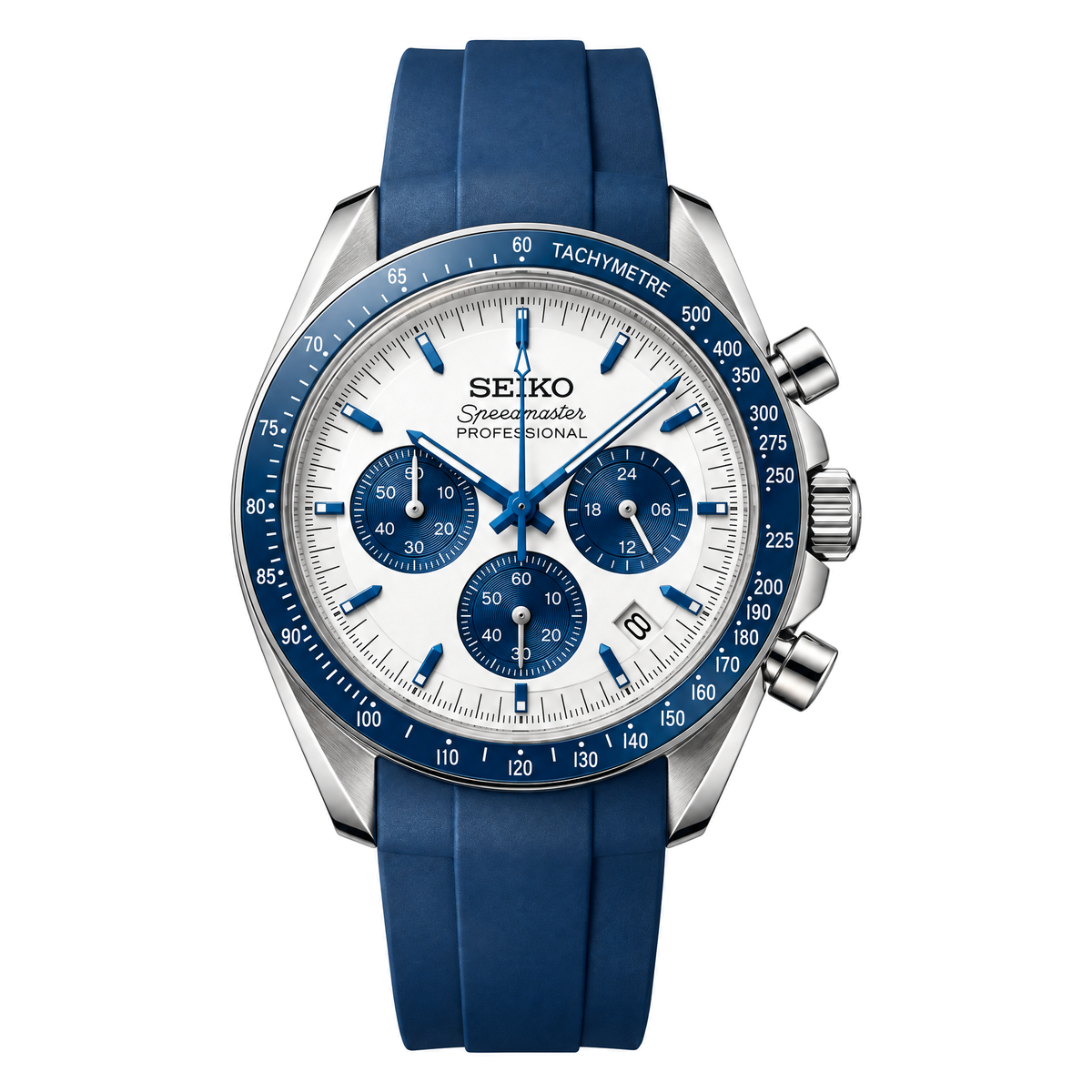 Speedmaster (Blue Panda) Seiko VK63 meca-quartz chronograph mod watch. A white dial watch with a tachymeter bezel and a rubber strap, shown in a full product shot.