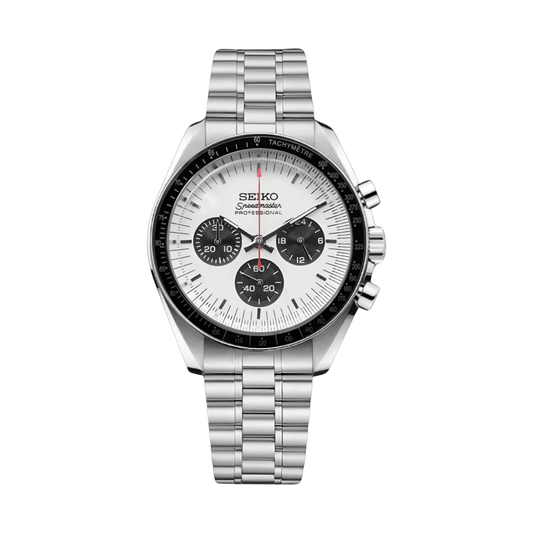 Speedmaster (White) Seiko VK63 meca-quartz chronograph mod watch. A white dial watch with a tachymeter bezel and a steel bracelet, shown in a full product shot.